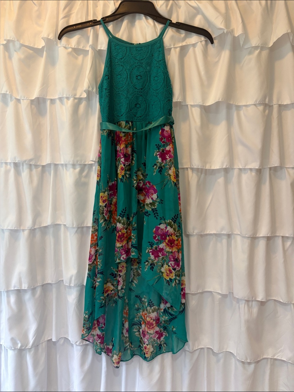 Emerald Sundae Teal Floral Lace High-Low Dress